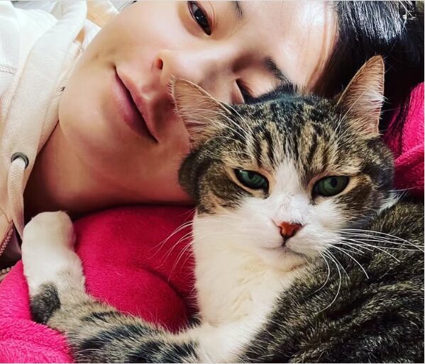 松本若菜と飼い猫が一緒に映っている